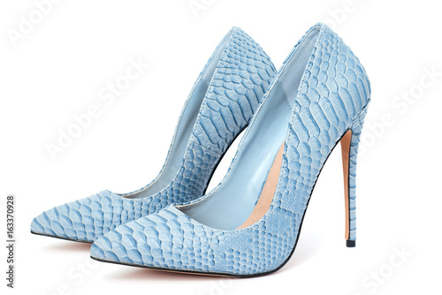 Blue woman high heels shoe isolated on white background photo