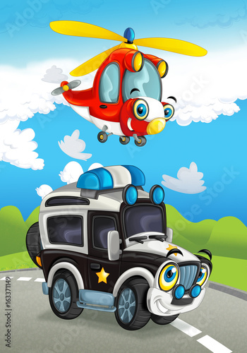 Cartoon fire fighter car smiling looking on the road and police helicopter flying over - illustration for children