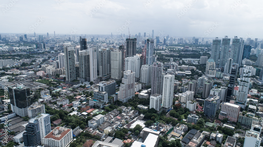 Fototapeta premium Aerial drone view of Bangkok during cloudy day