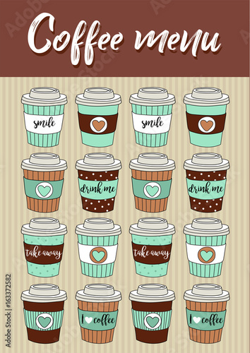Coffee menu, vector illustration with hand drawn cute paper coffee cups