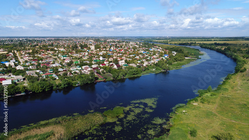 Top view of river Matyra and Gruazy town in Russia