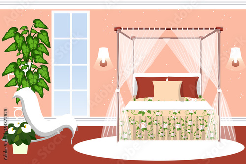 Bedroom decor for girls. Luxurious room with a four poster bed and sitting area with plants. Cartoon. Vector illustration.