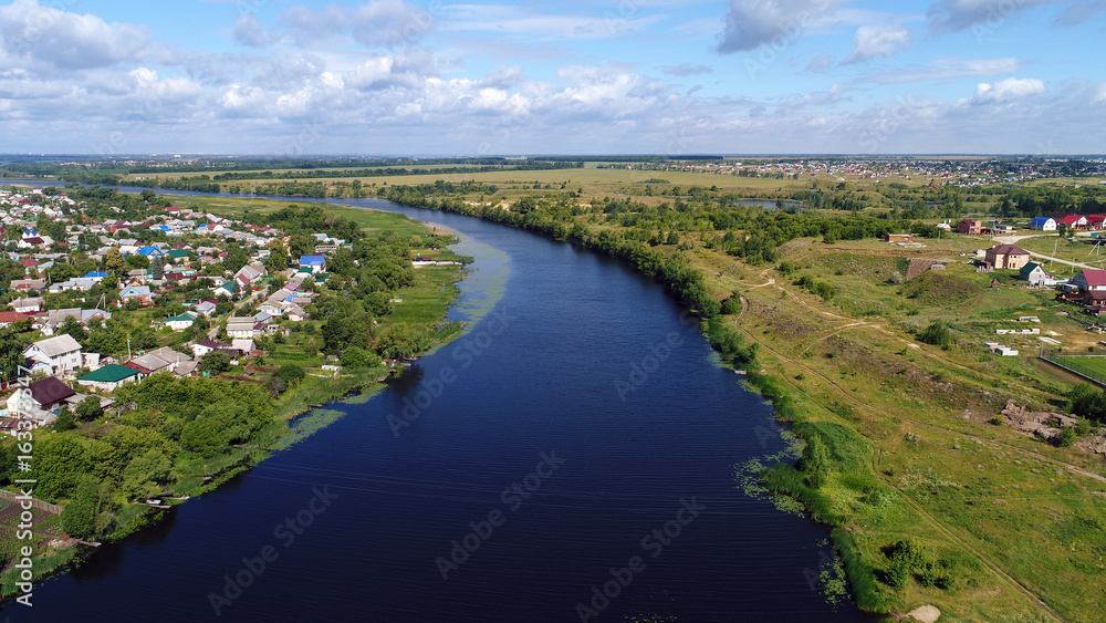 Top view of river Matyra and Gruazy town in Russia