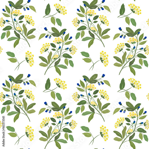 Seamless pattern with flowers, leaves and berries on a white background.