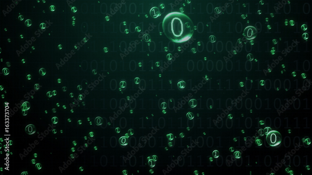 The binary code inside the bubbles rises. Green interface. 3d illustration The binary code inside the bubbles rises. Green interface. 3d illustration