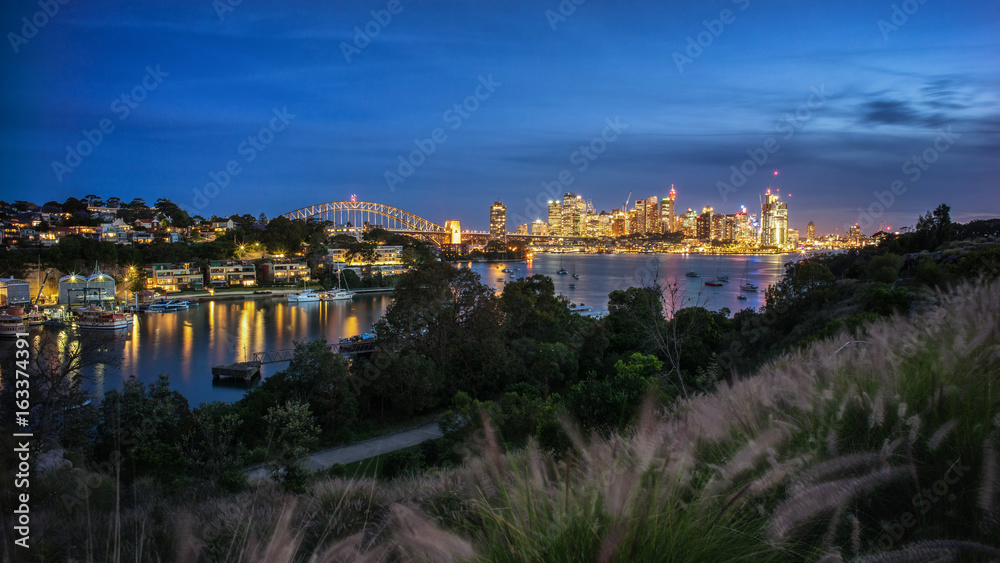 View of Sydney City at dusk from Balls Head Reserve, Sydney, Australia
