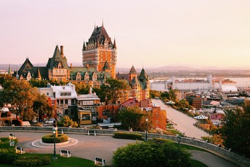 Papier peint photo Canada Frontenac Castle in Old Quebec City in the beautiful sunrise light. Travel, vacation, history, cityscape, nature, summer, hotels and architecture concept  © Nicolae Merceanu