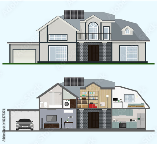 Home interior with room furniture. Detailed modern house interior in flat style. 