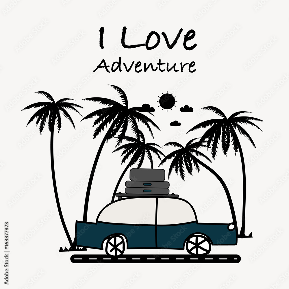 I Love Adventure typography with car and coconut palm tree.