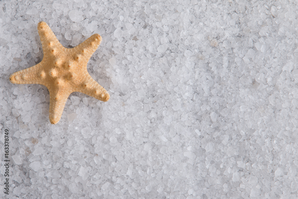 Starfish on sea salt. Crystals of sea salt. Starfish on sea salt. Crystals of sea salt.