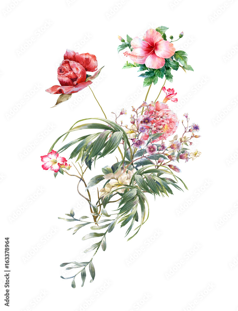 watercolor painting of leaves and flower, on white background