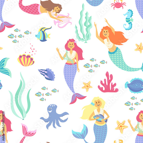 Cartoon mermaid seamless pattern on transparent background. Vector illustration