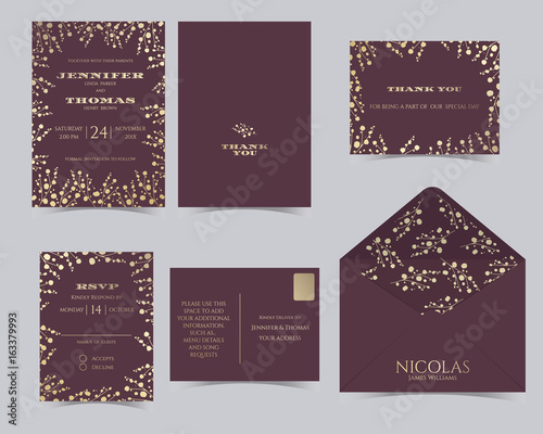 Set of Wedding invitation Card Template.Baby's Breath Collection.RSVP Card.Red and Golden Tone.Vector/Illustration