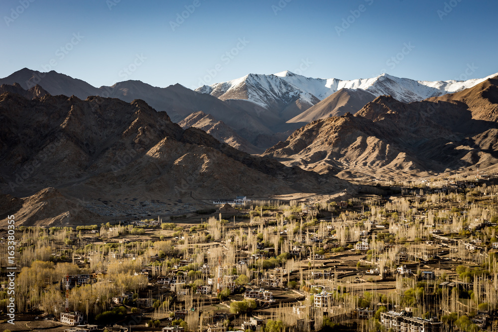 High angle view of Leh city in autumn with Himalaya range background, Jammu and Kashmir, India.