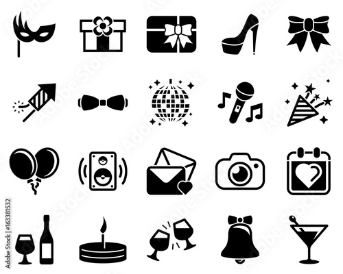 Set of simple icons on a theme Party, Birthday, Holidays, vector, design, collection, flat, sign, symbol,element, object, illustration. Black icons isolated against white background