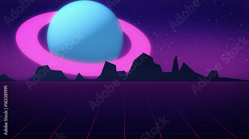 Retro futuristic background with planet Jupiter style of 1980s 3d illustration.