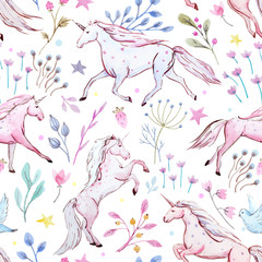 Fototapete Einhornmuster Aquarell Einhorn Muster für Mädchenzimmer  © Zenina-Lembrik