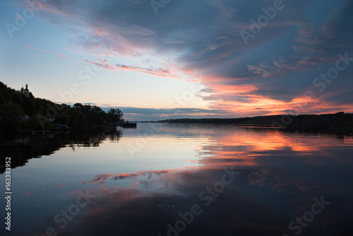 Summer sunset on the Volga river. European part of Russia. Small town of Ples.