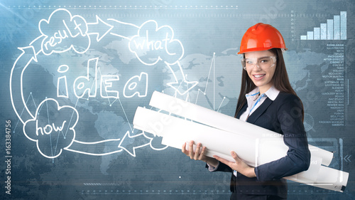 Slika na platnu Creative concept, beauty businesswoman standing with blueprints on painted background near idea organizational chart