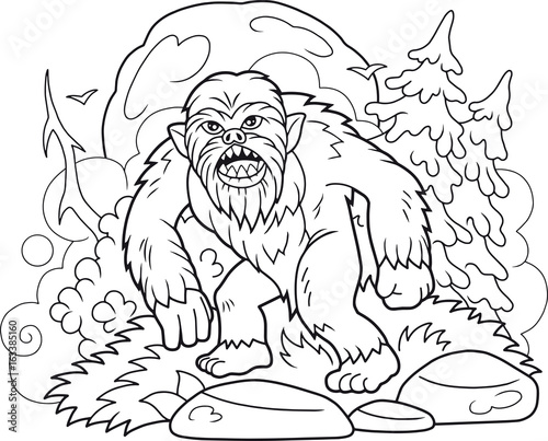 Cartoon bigfoot walks through the forest