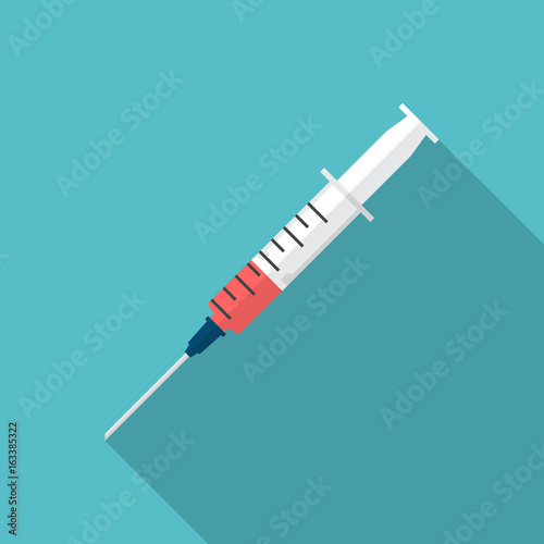 Syringe icon with long shadow. Flat design style. Syringe simple silhouette. Modern, minimalist icon in stylish colors. Web site page and mobile app design vector element. photo