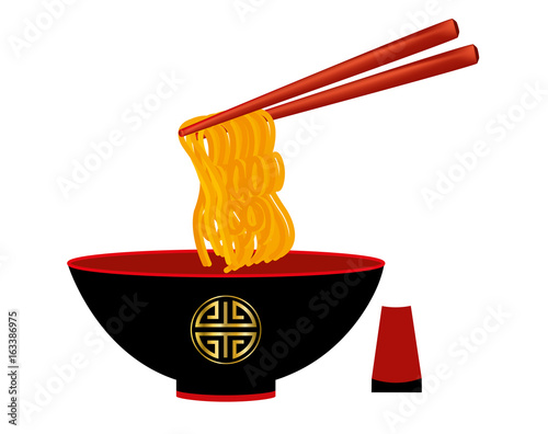 Black and red color bowl of noodles