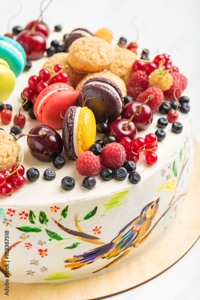 Cake with hand painted colorful birds and fresh berries