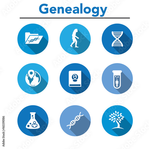 Ancestry or Genealogy Icon Set with Family Tree Album, DNA, beakers, etc photo