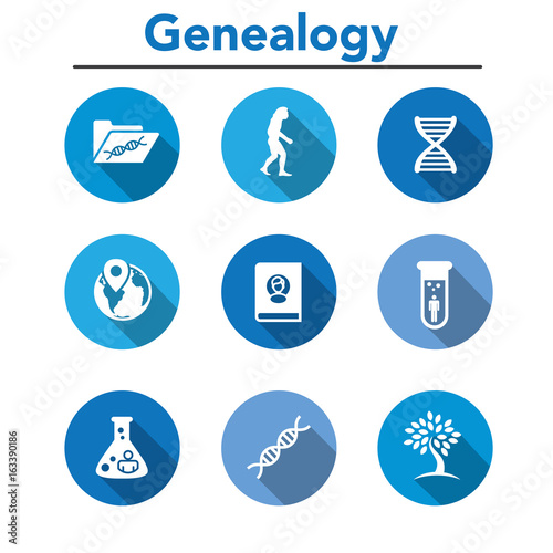 Ancestry or Genealogy Icon Set with Family Tree Album, DNA, beakers, etc