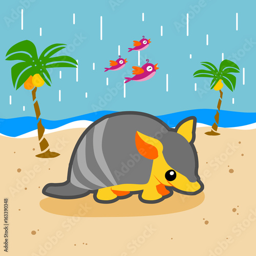 armadillo and friends in the beach. vector cartoon illustration