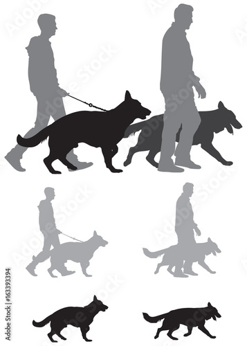 German shepherd dog show, cynologists with pets vector silhouettes