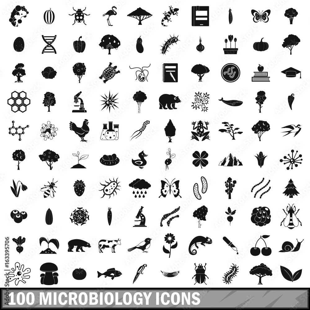 100 microbiology icons set, simple style 100 microbiology icons set, simple style