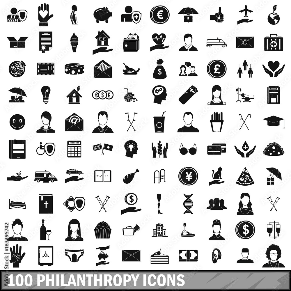 100 philanthropy icons set, simple style 100 philanthropy icons set, simple style