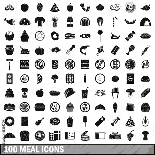 100 meal icons set, simple style 