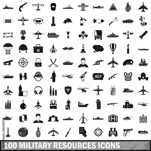 100 military resources icons set, simple style 