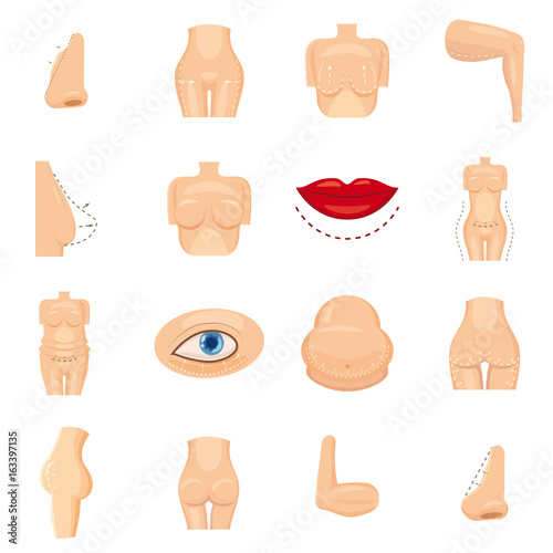 Plastic surgeon icons set, cartoon style