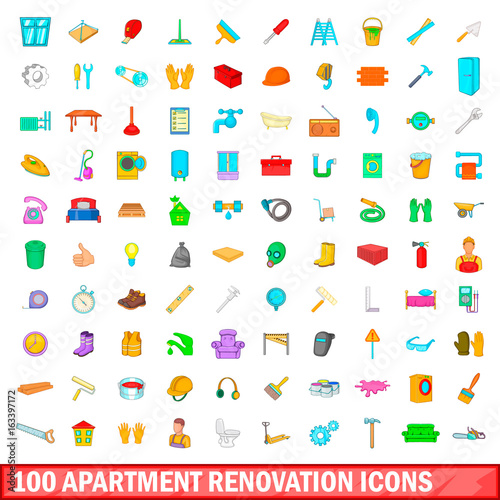 100 apartment renovation icons set, cartoon style