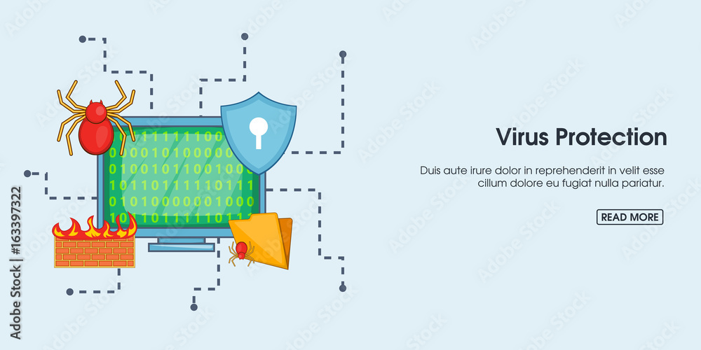 Naklejka premium Virus protection banner horizontal, cartoon style
