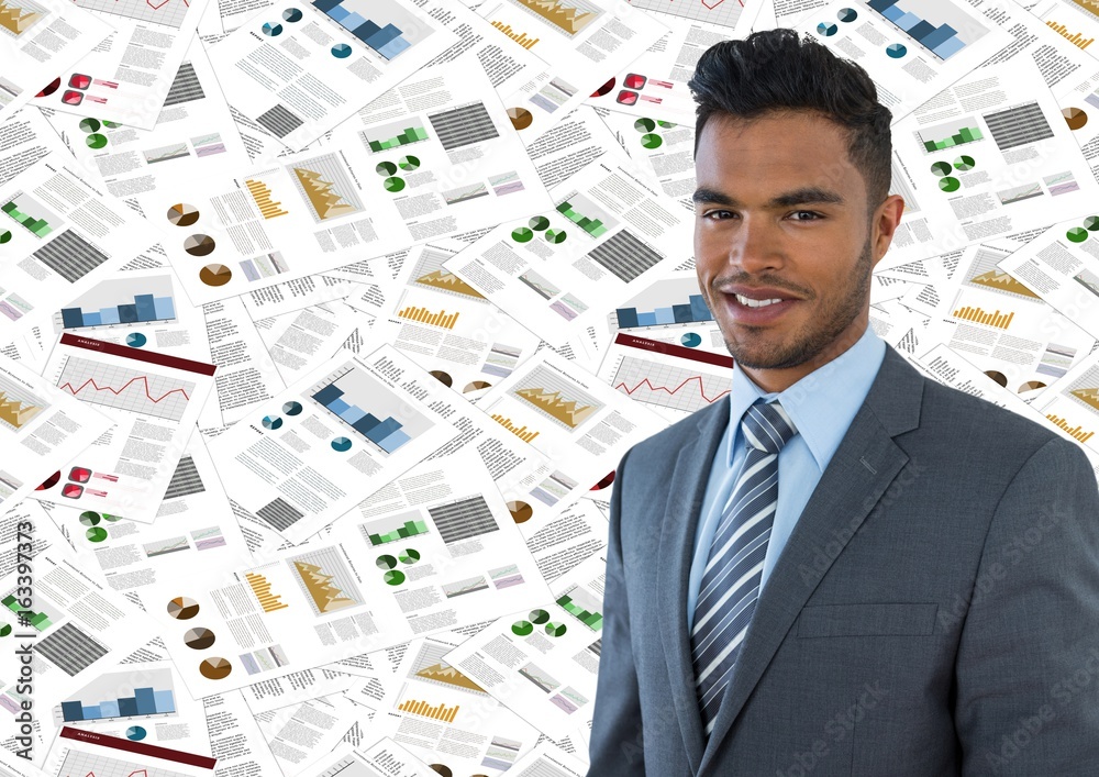 Business man against document backdrop Business man against document backdrop