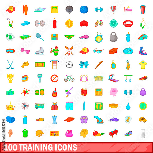 100 training icons set, cartoon style
