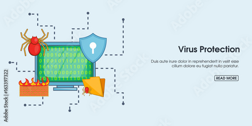 Virus protection banner horizontal, cartoon style