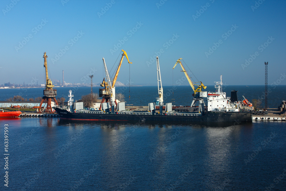 Cargo cranes transship bulk in the dock of Industrial Sea Port