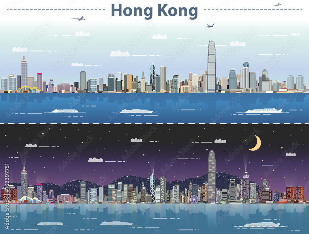 Fototapeta premium Ilustracja wektorowa Hong Kong dzień i noc