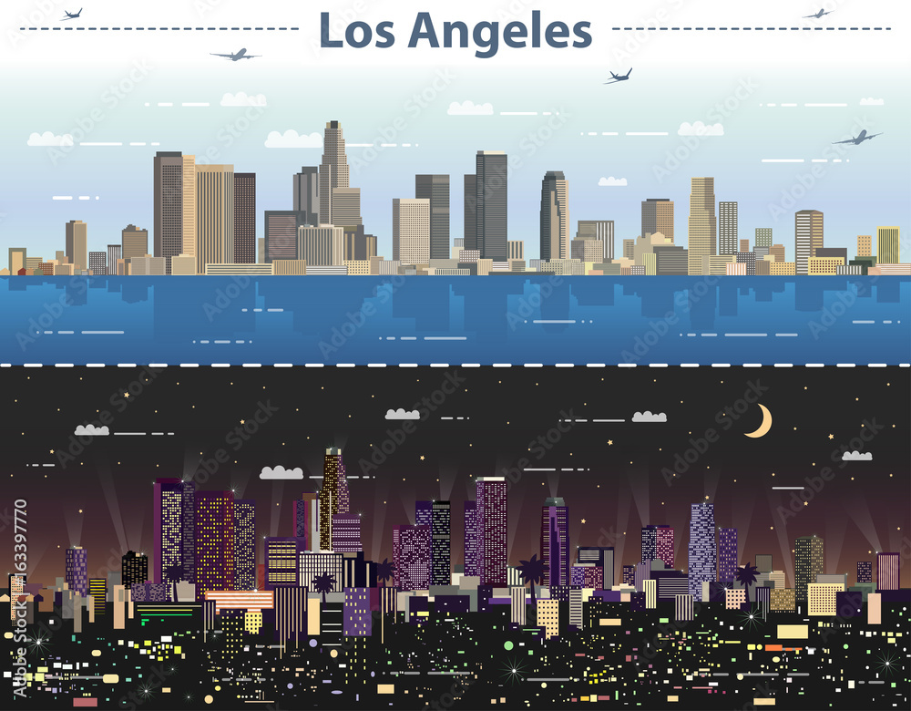 Fototapeta premium Los Angeles skyline at day and night vector illustration