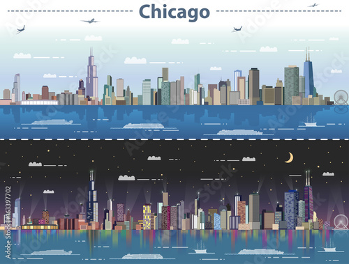 Chicago skyline at day and night vector illustration