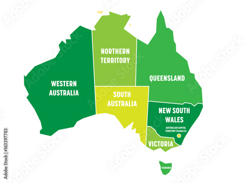 Simplified map of Australia divided into states and territories. Green flat map with white borders and white labels. Vector illustration.