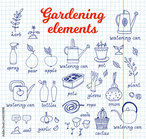 Gardening, horticulture vector set, equipment and tools, vegetables and plants on notebook background with text and names