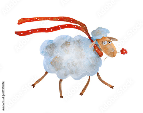 Sheep in red scarf with flower. Watercolor illustration. Hand drawing