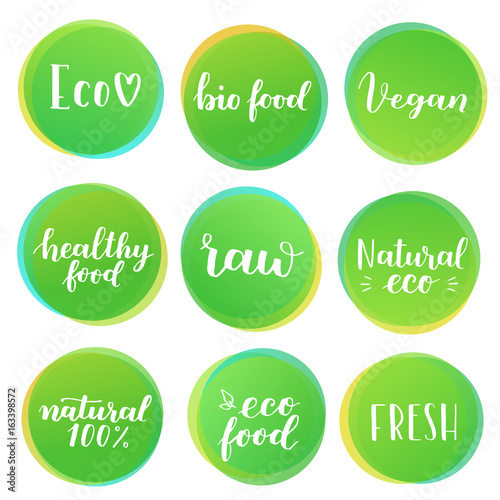 Vector eco, organic, bio food stickers. Vegan, healthy food badges, tags set for cafe, restaurants, packaging etc.