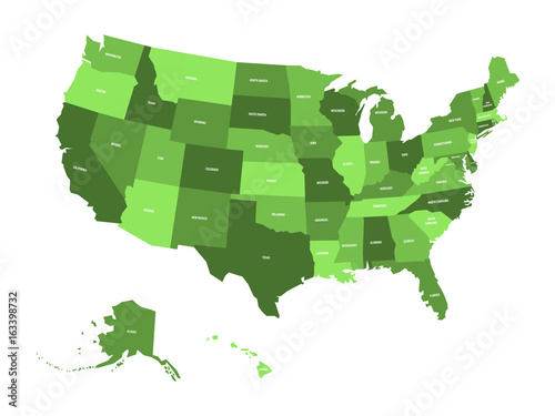 Map of United States of America, USA, in four shades of green with white state labels. Simple flat vector illustration isolated on white background.